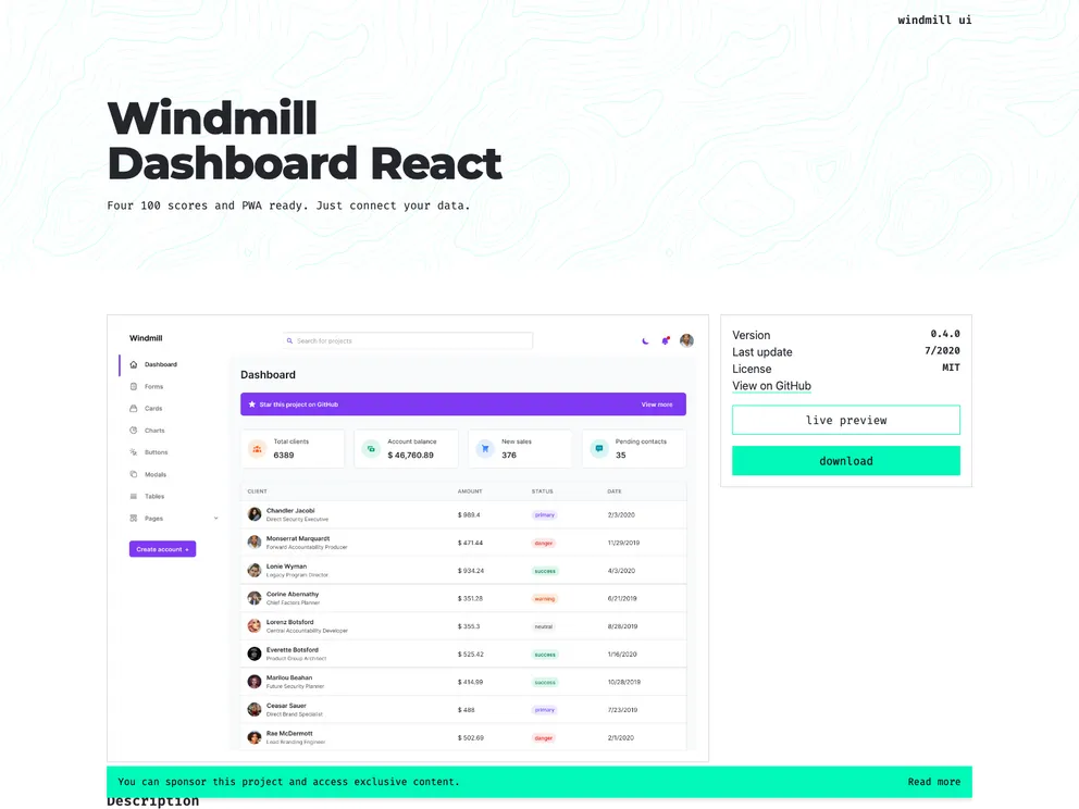 Windmill Dashboard React screenshot